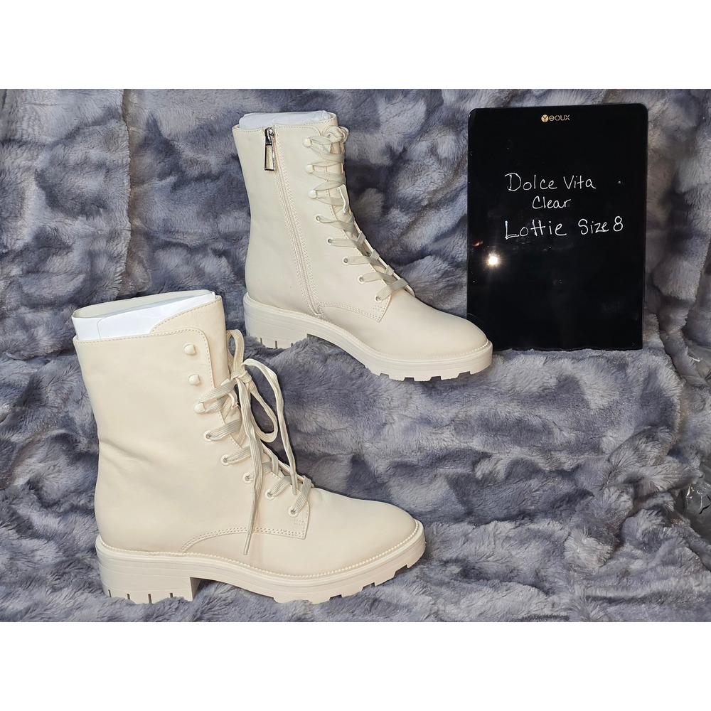 NWB Clear by Dolce Vita Lottie‎ Ivory Leather Combat Boots Size 8